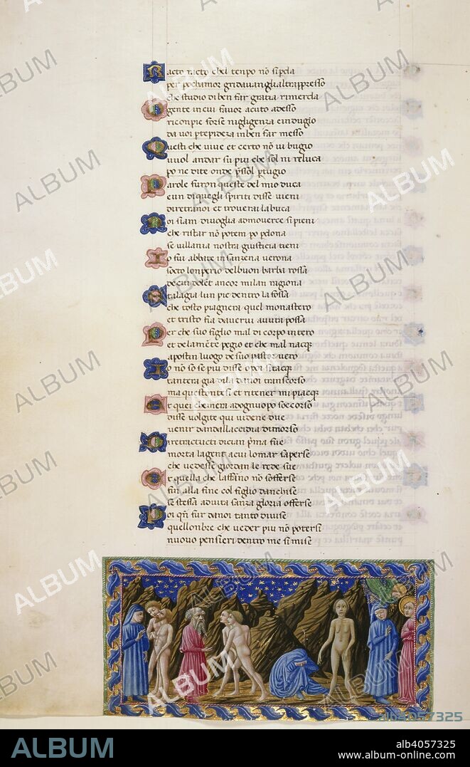 DANTE ALIGHIERI. Purgatorio, Canto XVIII. Miniature shows Dante talking to two of the Slothful; Virgil observes two Slothful; the Siren. Divine Comedy. Italy [Tuscany]; 1442-1450. Source: Yates Thompson 36, f.98v. Language: Italian.
