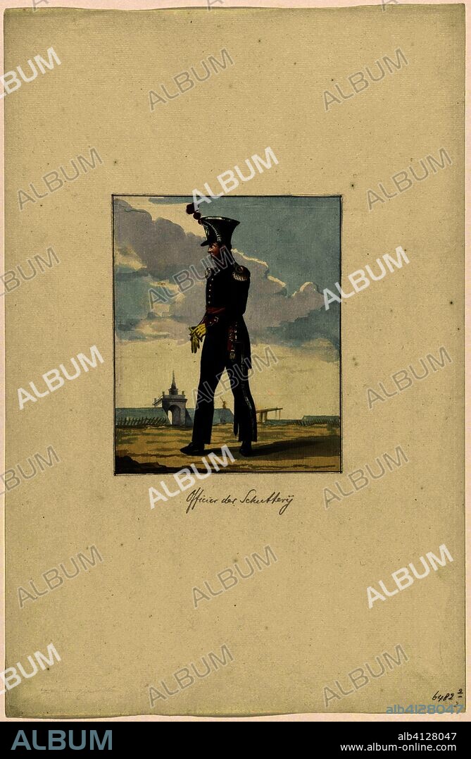 Officier van de Schutterij. Zes tekeningen van uniformen van het Nederlandse leger ca. 1830 (series title). Draughtsman: anonymous. Dating: 1830 - 1831. Place: Netherlands. Measurements: h 191 mm × w 157 mm.