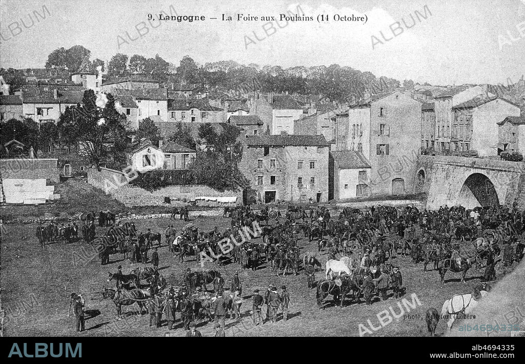 'LANGOGNE - La foire aux poulains' Carte postale debut 20eme . Credit Collection GROB/Kharbine Tapabor.