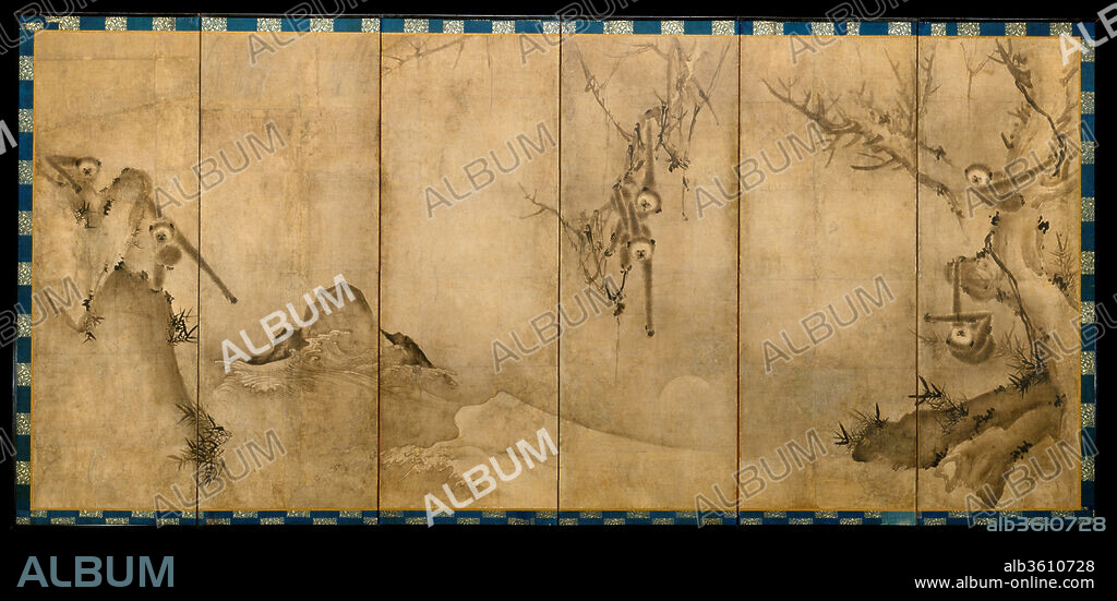 Gibbons in a Landscape. Artist: Sesson Shukei (ca. 1504-ca. 1589). Culture: Japan. Dimensions: Image (each screen): 62 in. x 11 ft. 5 in. (157.5 x 348 cm). Date: ca. 1570.
The gibbon, native to the forested mountains of southern China, is known in Japan only through painting and poetry. In literary contexts, its cry is associated with the elevated spirit of solitude, and in Daoist lore with a superior life force. Japanese Zen monks treasured images of gibbons painted by the Chinese monk Muqi (ca. 1210-after 1269), and by the late fifteenth century paintings of gibbons in the manner of this artist had become a favored subject for screen decoration. Here a chain of gibbons is shown reaching futilely for a reflection of the moon, a symbol of enlightenment. This scene illustrates a fundamental Zen paradox: if one is deliberately or overly anxiously trying to attain enlightenment, then that spiritual path will not lead to true enlightenment.
As reflected in the subject matter of many of his paintings, Sesson was a Zen monk-artist. He was a highly learned and prolific painter who studied a wide array of earlier Chinese ink painting styles and played a major role in the creation of a distinctive Japanese style of so-called Zen ink painting.