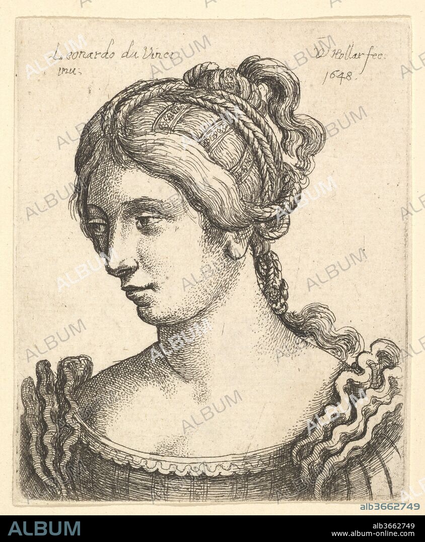 Bust of a woman looking downwards towards left with elaborately decorated hair. Artist: After Leonardo da Vinci (Italian, Vinci 1452-1519 Amboise). Dimensions: Plate: 2 11/16 × 2 3/16 in. (6.8 × 5.6 cm)
with thread margins. Etcher: Wenceslaus Hollar (Bohemian, Prague 1607-1677 London). Date: 1648.
A young woman with elaborately decorated plaited hair, shown bust-length to left, with head slightly tilted to look down, wearing a bodice with triple frills on the sleeves; after Leonardo da Vinci. A related drawing is in the Royal Collection at Windsor (RL 12576).