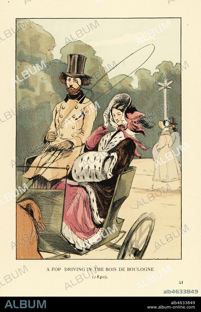 A fop driving in the Bois de Boulogne, 1840. Dandy in top hat and coat with  monocle and whip driving a one-horse gig, woman in ermine-trim cape over a  pink dress, bonnet
