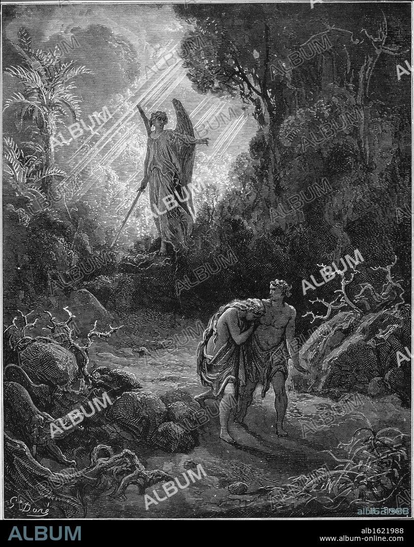 PAUL GUSTAVE DORÉ. Adam & Eve-The Expulsion From The Garden   (from Milton''s "Paradise Lost")  Gustave Dore (1832-1883/French)  Engraving.