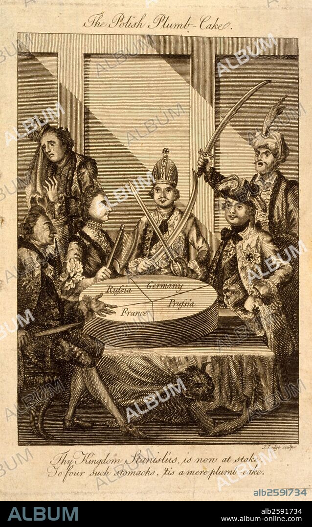 The Polish plumb-cake. Cartoon shows Leopold II and Frederick William II with swords drawn, Catherine II holding a cleaver, and Louis XV with a knife seated around a table on which rests a partitioned cake, representing Poland, each monarch getting a separate, but not equal share; in the background on the left stands a weeping king of Poland, on the right, with sword raised is the Sultan.