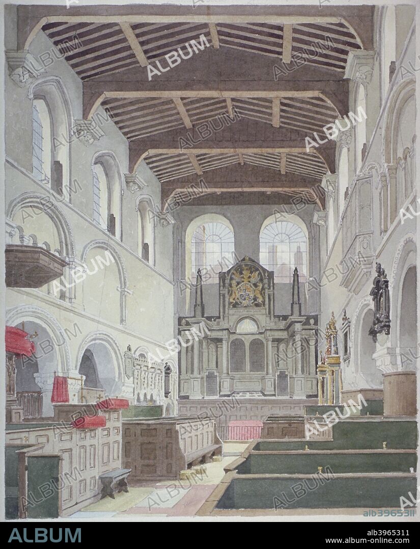 Interior view of the Church of St Bartholomew-the-Great, Smithfield, City of London, 1821. View looking east.