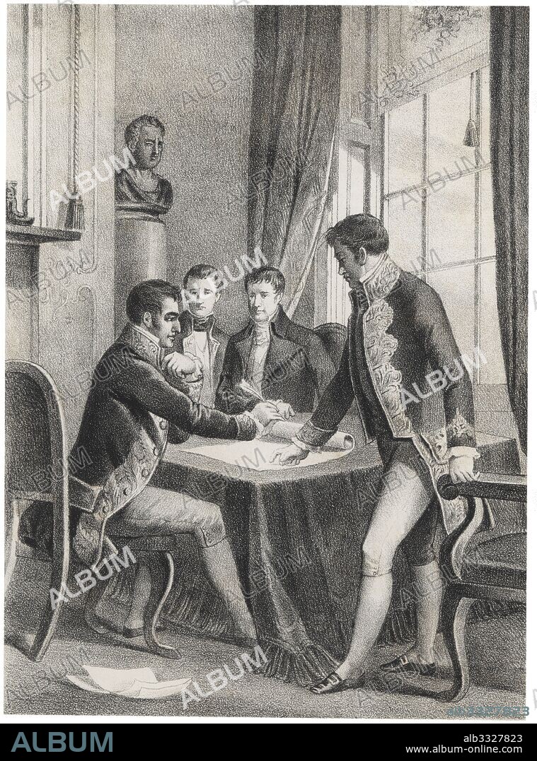 Historia de España. Guerra de la Independencia. Firma del Tratado de Valençay, acuerdo por el que el emperador francés Napoleón I ofrecía la paz y reconocía a Fernando VII como rey de España, en diciembre de 1813. Grabado de 1880.