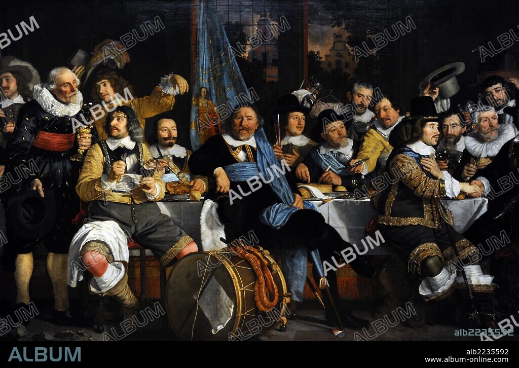 GUERRA OCHENTA AÑOS. PAZ WESTFALIA / MUNSTER. "La Guardia Cívica de Ámsterdam celebra la Paz de Münster", 1648. El 30 de enero de 1648, los representantes españoles y holandeses firmaron el tratado de paz, poniendo fin a la Guerra de los Ochenta Años, y reconocimiento de la soberanía nacional de la Repúblia Holandesa. Posteriormente se llevaron a cabo celebraciones exuberantes en todo el país. Oleo del pintor holandés Bartholomeus van der Helst (1613-1670). RIJKSMUSEUM. Amsterdam. Países Bajos. Detalle.