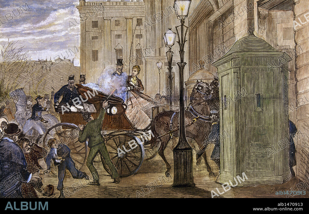 HISTORIA DE ESPAÑA. S. XIX. "TENTATIVA DE REGICIDIO CONTRA ALFONSO XII AL REGRESAR A PALACIO" (30.12.1879). Grabado coloreado de "La Ilustración Española y Americana", por Comba.