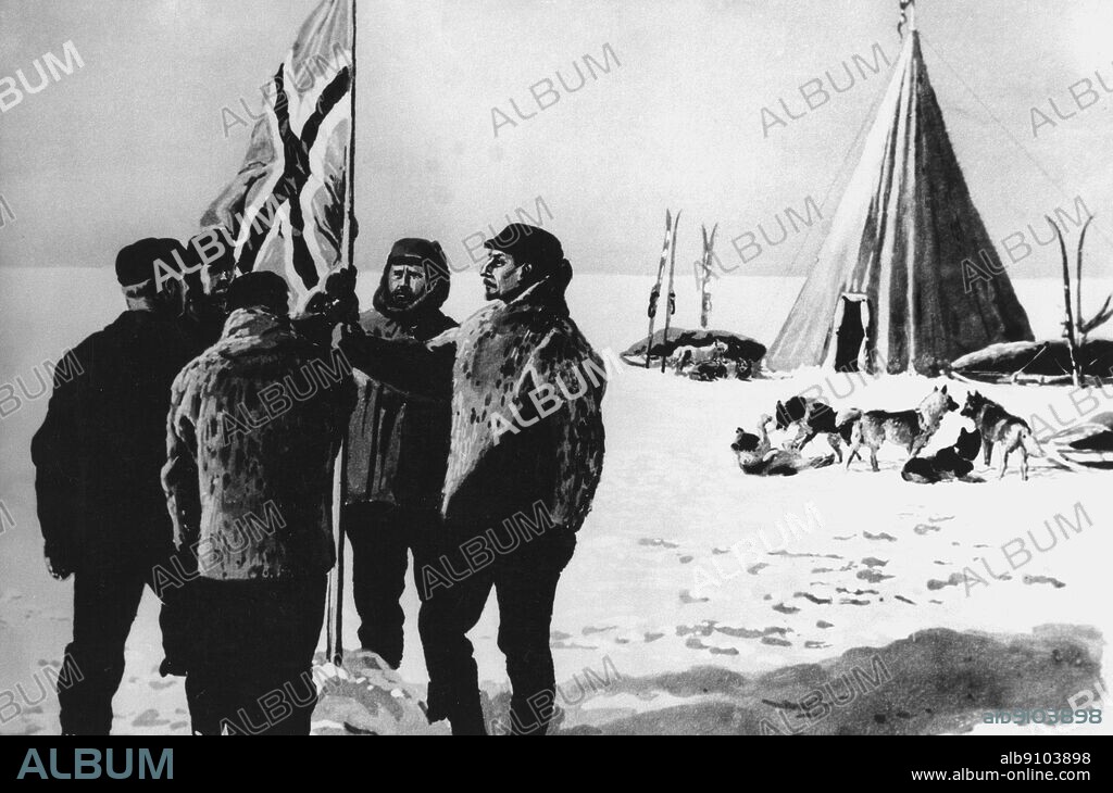 Painting of Roald Amundsen and his exploration team placing there Norwegian flag at the South Pole.