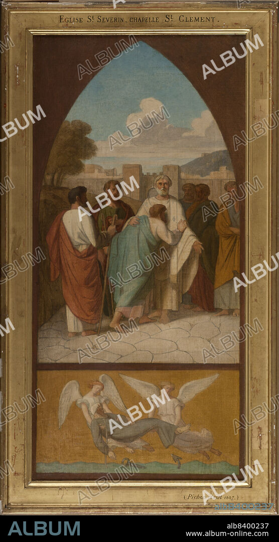 PIERRE-AUGUSTE PICHON. Sketch for the Saint-Séverin church (5th arrondissement of Paris): Pope St Clement sending missionaries among the Gauls; angels recovering the body of St Clement from the sea. (Esquisse pour l'église Saint -Séverin : Le pape saint Clément envoyant des missionnaires dans les Gaules. Les Anges retirent de la mer le corps de saint Clément).