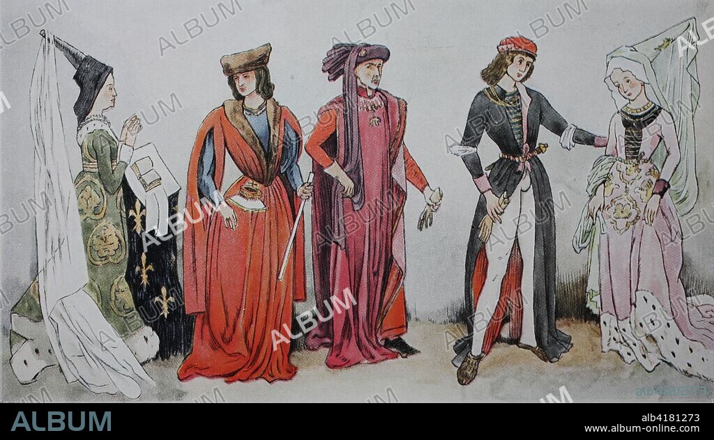 Clothing, fashion in France, Burgundian fashion from 1425-1490, costumes at court, from left, Queen Charlotte of Savoy with Hennin, young courtier, Duke Philip the Good in the costume of the Grand Master of the Order of the Golden Fleece and Archduke Maximilian and his bride Maria from Burgundy, digital improved reproduction of an original print from the 19th century.