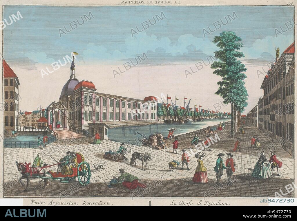 View of the Stock Exchange in Rotterdam, Georg Balthasar Probst, 1742 - 1801, On the left the Gapers bridge over the Blaak. Numbered top right: 178; numbered bottom left: 46., publisher: Georg Balthasar Probst, (mentioned on object), print maker: anonymous, publisher: Augsburg, print maker: Germany, 1742 - 1801, paper, etching, brush, h 314 mm × w 428 mm.