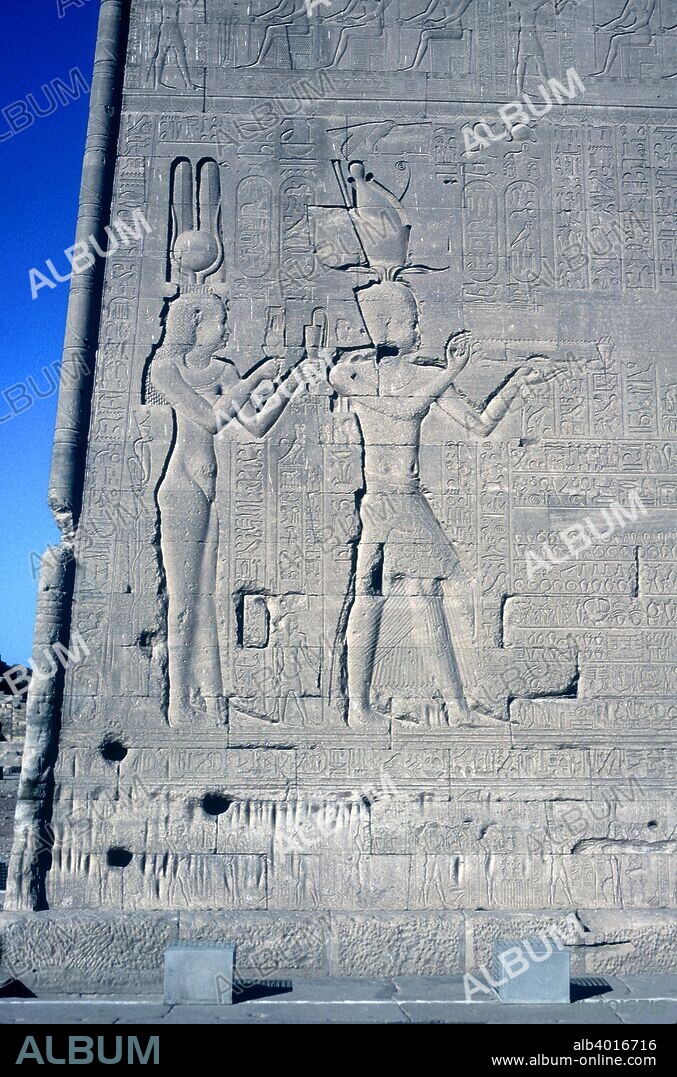 Cleopatra VII and Caesarion (her son by Julius Caesar) offering to the gods, Temple of Hathor, Dendera, Egypt, late Ptolemaic and Roman Periods, c125 BC-c60 AD. Temple of Hathor was dedicated to Hathor and Horus the Elder.