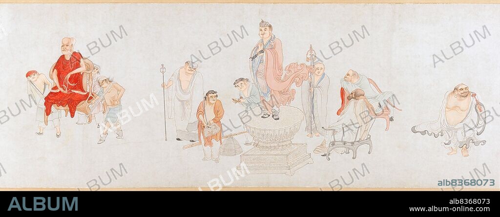 China: 'The Sixteen Luohans'. Detail (3, centre left) of handscroll painting by Wu Bin (active 1583-1626), 1591.<br/><br/>. Wu Bin (active 1583-1626), nickname Zhiyin Toutuo and social name Wenzhong, was a Chinese painter born in Putian during the Ming Dynasty period, under the reign of the Wanli Emperor. He worked mainly in Nanjing, and was a devout Buddhist, living and working in a Buddhist temple, where he produced hundreds of hanging scrolls depicting arhats and luohans.