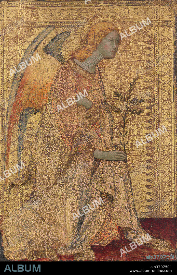 SIMONE MARTINI. The Angel of the Annunciation. Dated: c. 1330. Dimensions: painted surface (on recto): 29.5 x 20.5 cm (11 5/8 x 8 1/16 in.)  overall: 31 x 21.5 cm (12 3/16 x 8 7/16 in.)  painted surface (gesso ground on verso): 21 x 30.2 cm (8 1/4 x 11 7/8 in.)  framed: 54.6 x 32.9 x 4.1 cm (21 1/2 x 12 15/16 x 1 5/8 in.). Medium: tempera on poplar panel.