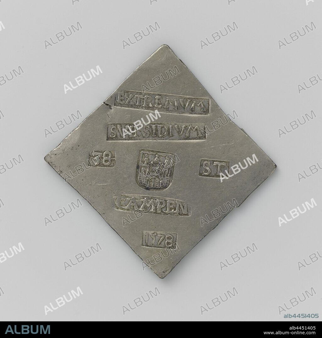 Twelve emergency coins from Dutch cities Thirty-eight pennies, siege of Kampen, emergency currency minted to pay arrears to the garrison, Unilateral diamond-shaped emergency currency. Front: seven stamps: coat of arms between value indication, top and bottom inscriptions. Reverse: blank., Kampen, anonymous, 5-Jun-1578, silver (metal), striking (metalworking), h 5.8 cm × w 5.7 cm × w 29.28 gr.