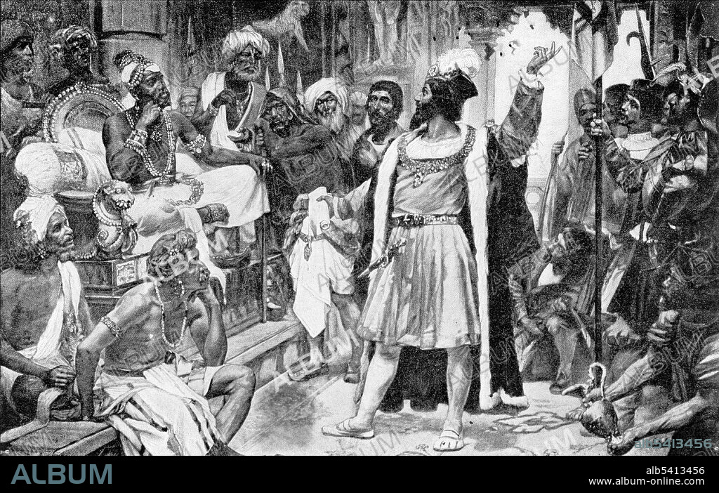 Entitled: "Vasco da Gama delivers the letter of King Manuel of Portugal to the Samorim of Calicut." Vasco da Gama (1460s - December 24, 1524) was a Portuguese explorer and the first European to reach India by sea. His initial voyage to India (1497-99) was the first to link Europe and Asia by an ocean route, connecting the Atlantic and the Indian oceans and therefore, the West and the Orient. Da Gama's discovery of the sea route to India was significant and opened the way for an age of global imperialism and for the Portuguese to establish a long-lasting colonial empire in Asia. His first trip to India is considered a milestone in world history.