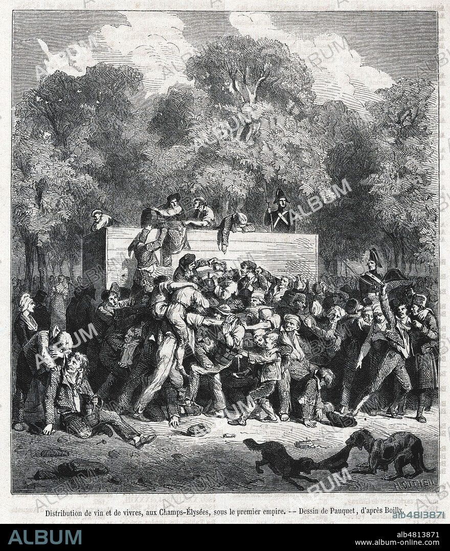 Rixes pendant la distribution de vin et de vivres aux Champs-Elysees sous ler Premier Empire. Illustration d'apres BOILLY pour le Magasin pittoresque de decembre 1866. Credit : Collection Kharbine-Tapabor.
