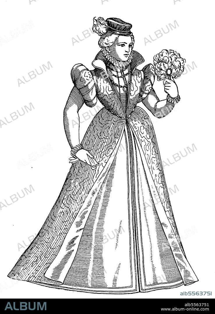 Italienische Dame aus Ferrara, 1570, Geschichte der Mode, Kostümgeschichte, Historisch, digital restaurierte Reproduktion einer Originalvorlage aus dem 19. Jahrhundert, genaues Originaldatum nicht bekannt.