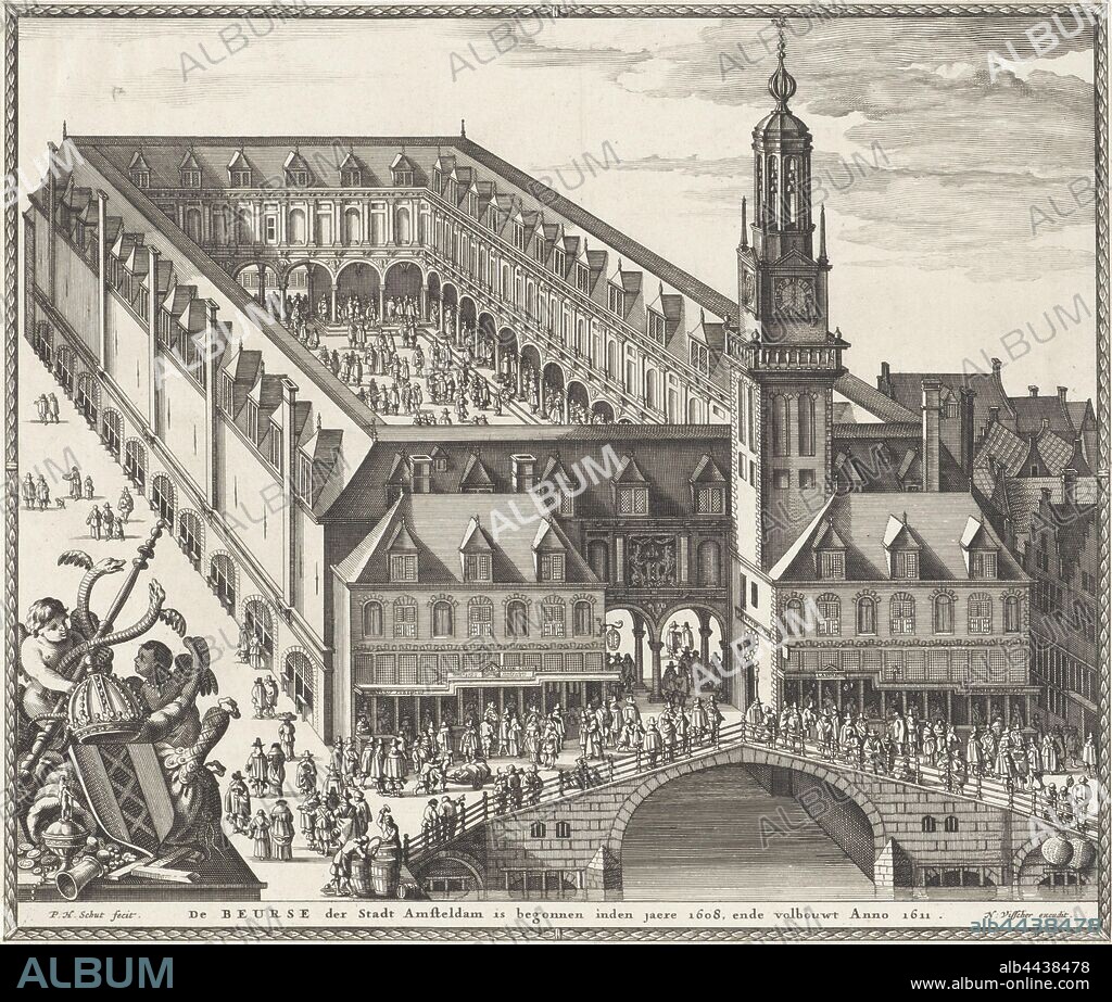 Bird's eye view of the Stock Exchange of Hendrik de Keyser in Amsterdam, before 1668 The Beurse der Stadt Amsteldam started in the early 1608, and is fully built in the year 1611 (title on object) Eight buildings in Amsterdam (Schut / Visscher ) (series title), for the renovation of 1668. Many figures in and around the building. Bottom left is the coat of arms of the city surrounded by two putti with a caduceus, a cornucopia from which valuables flow and a money exchange. Numbered bottom right: 3, stock exchange, stock market, coat of arms (as symbol of the state, etc.) (city, municipal), caduceus (staff with two snakes, attribute of Mercury), 'Cornucopia', Horn of Plenty, purse, money-bag, street (cityscape with figures, staffage), Beurs van Hendrik de Keyser, Pieter Hendricksz. Schut (mentioned on object), Amsterdam, 1662 - 1668, paper, engraving, h 246 mm × w 291 mm.