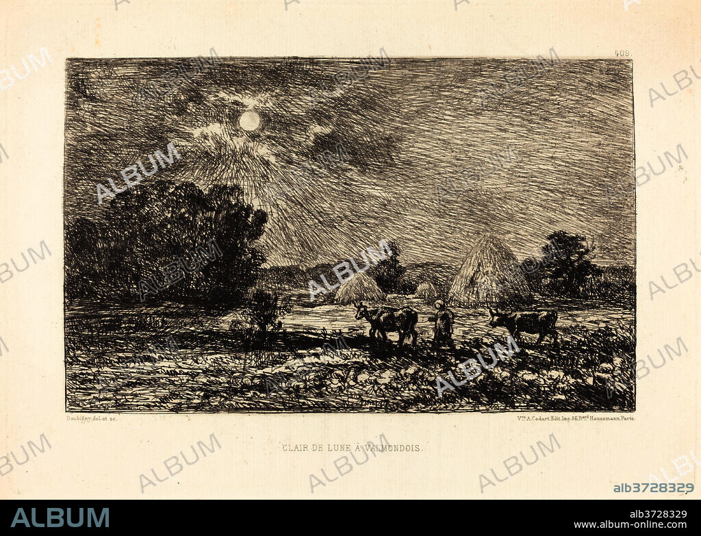 CHARLES-FRANCOIS DAUBIGNY. Clair de lune à Valmondois (Moonlight at Valmondois). Dimensions: plate: 19 x 26.4 cm (7 1/2 x 10 3/8 in.)  sheet: 23.6 x 31.3 cm (9 5/16 x 12 5/16 in.). Medium: etching on laid paper.
