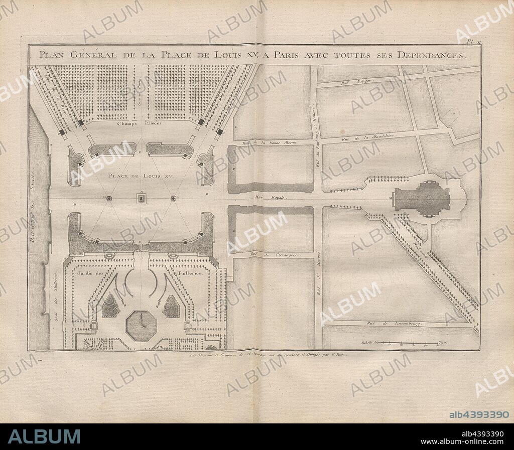 General Plan of the Place de Louis XV, in Paris with all its dependencies, Illustration of the map of the square of Louis the 15th, in Paris from the 18th century, signed: ... par P. Patte, Pl. II, to p. 120, Patte, Pierre, 1765, Pierre Patte: Monumens érigés en France à la gloire de Louis XV. Paris: chez l'auteur: chez Desaint: chez Saillant, 1765.