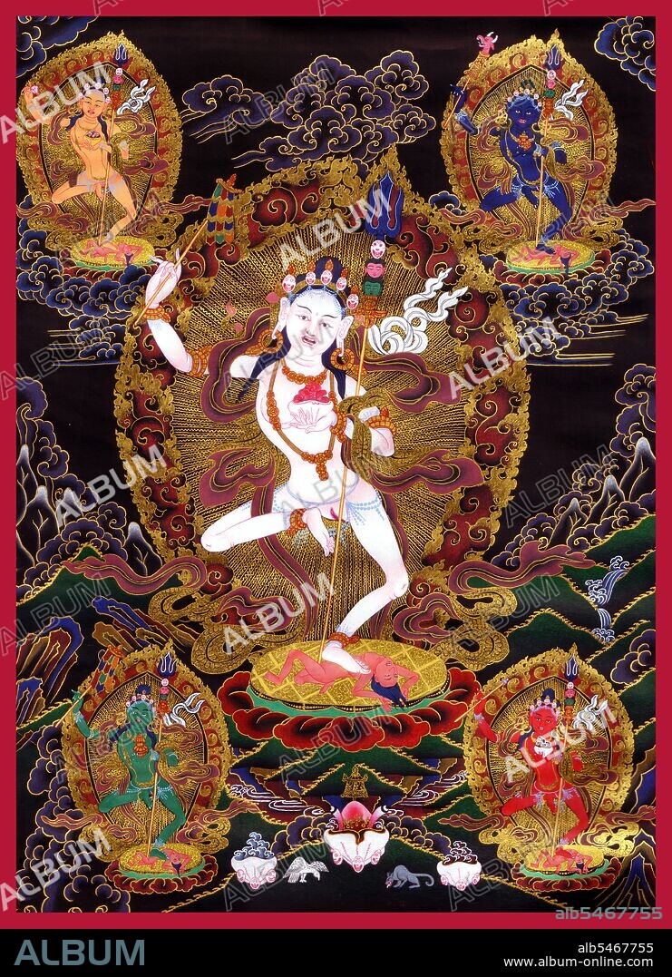 A dakini (Sanskrit: ?akini; Tibetan: khandroma) is a tantric deity described as a female embodiment of enlightened energy. In the Tibetan language, dakini is rendered khandroma which means 'she who traverses the sky' or 'she who moves in space'. Sometimes the term is translated poetically as 'sky dancer' or 'sky walker'. The dakini, in all her varied forms, is an important figure in Tibetan Buddhism. She is so central to the requirements for a practitioner to attain full enlightenment as a Buddha that she appears in a tantric formulation of the Buddhist Three Jewels refuge formula known as the Three Roots. Most commonly she appears as the protector, alongside a guru and yidam (enlightened being). Although dakini figures appear in Hinduism and in the Bön tradition, dakini are particularly prevalent in Vajrayana Buddhism and have been particularly conceived in Tibetan Buddhism where the dakini, generally of volatile or wrathful temperament, act somewhat as a muse for spiritual practice. Dakini are energetic beings in female form, evocative of the movement of energy in space. In this context, the sky or space indicates shunyata, the insubstantiality of all phenomena, which is, at the same time, the pure potentiality for all possible manifestations.