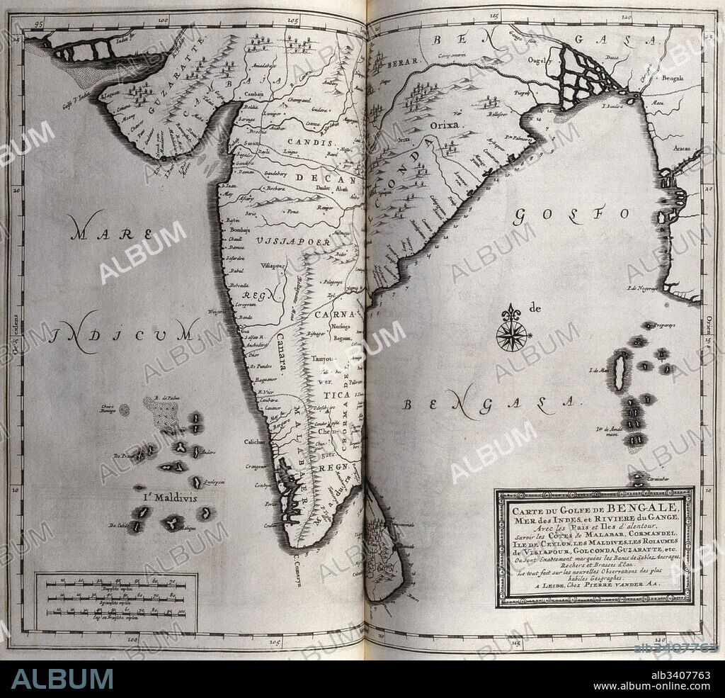 Map of the Bay of Bengal, India 1727. From voyages made to Persia and India 1727, by Johan Albrecht de Mandelslo (1616–1644). seventeenth-century German adventurer, who wrote about his travels through Persia and India. .