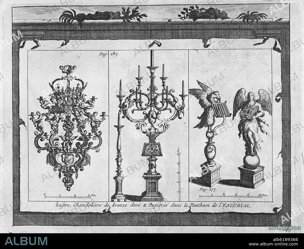 CANDELABROS DE BRONCE DORADO Y ATRILES DEL PANTEON DEL ESCORIAL - GRABADO SIGLO XIX.