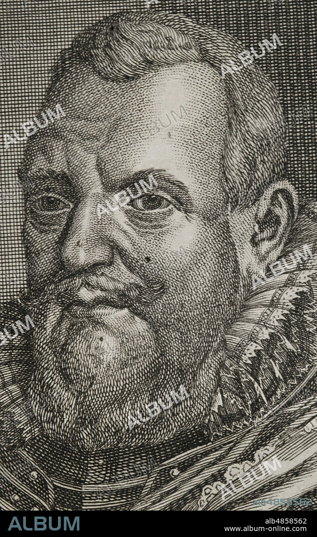 Guillermo Luis (1560-1620). Hijo primogénito de Juan VI de Nassau-Dillenburg e Isabel de Leuchtenberg. Conde de Nassau-Dillenburg entre 1606 y 1620. Estatúder de Frisia, Drente y Groninga. Prestó servicios como oficial de caballería a las órdenes de su tío, Guillermo de Orange. Entre 1588 y 1609 planificó, junto con Mauricio de Nassau, la estrategia militar de las Provincias Unidas de los Países Bajos en la guerra contra España para lograr su independencia. Retrato, detalle. Grabado. Guerras de Flandes. Edición publicada en Amberes, 1748. Biblioteca Histórico Militar de Barcelona. Cataluña. España.