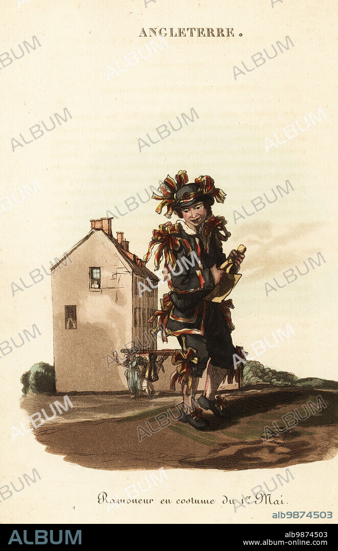 Chimney sweep's boy in May Day dress, 1800s. Chimney sweepers parade and dance in ludicrous ribboned costumes in London on May 1 Ramoneur en costume du 1er de Mai. Handcoloured copperplate engraving after an illustration by William Alexander from J-B. Eyries L'Angleterre ou Costumes, Moeurs et Usages des Anglais, England: Costumes, Manners and Mores of the English, Librairie de Gide Fils, Paris, 1821. Jean-Baptiste Eyries (1767-1846) was a French geographer, author and translator.