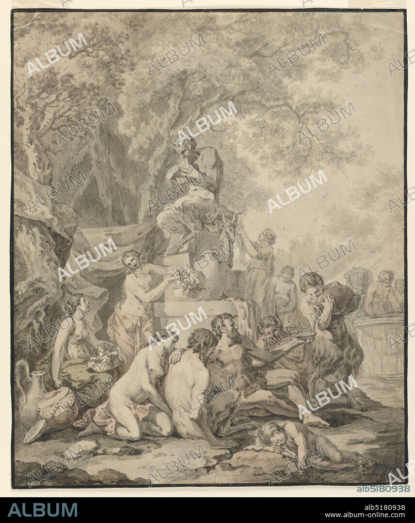 Bacchanalian Scene, Johann Sebastian Bach, German, 1685 - 1750, Pen and grey ink, brush and grey, green, and pink watercolor washes on off-white laid paper, with watermark of Fleur-de-lis in a shield surmounted by a crown. (Probably Dutch paper similar to Briquet No. 7165.), Vertical rectangle. A group of nymphs and satyrs are seen reveling in the foreground before a statue of a seated Pan on a high plinth. In the background, figures are trampling grapes in a large barrel., Germany, 177274, figures, Drawing, Drawing.