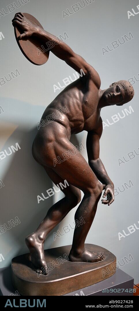 Diskobolos (discus-thrower) of Myron. An athlete is coiled up in a taut, momentary pose, about to throw the discus - one of the pentathlete's five events. The cast combines a headless statue from Hadrian's Villa and the head of a statue found in Rome. Copied closely from a lost bronze victor statue by the Athenian sculptor, Myron, active c 460-440 BC.