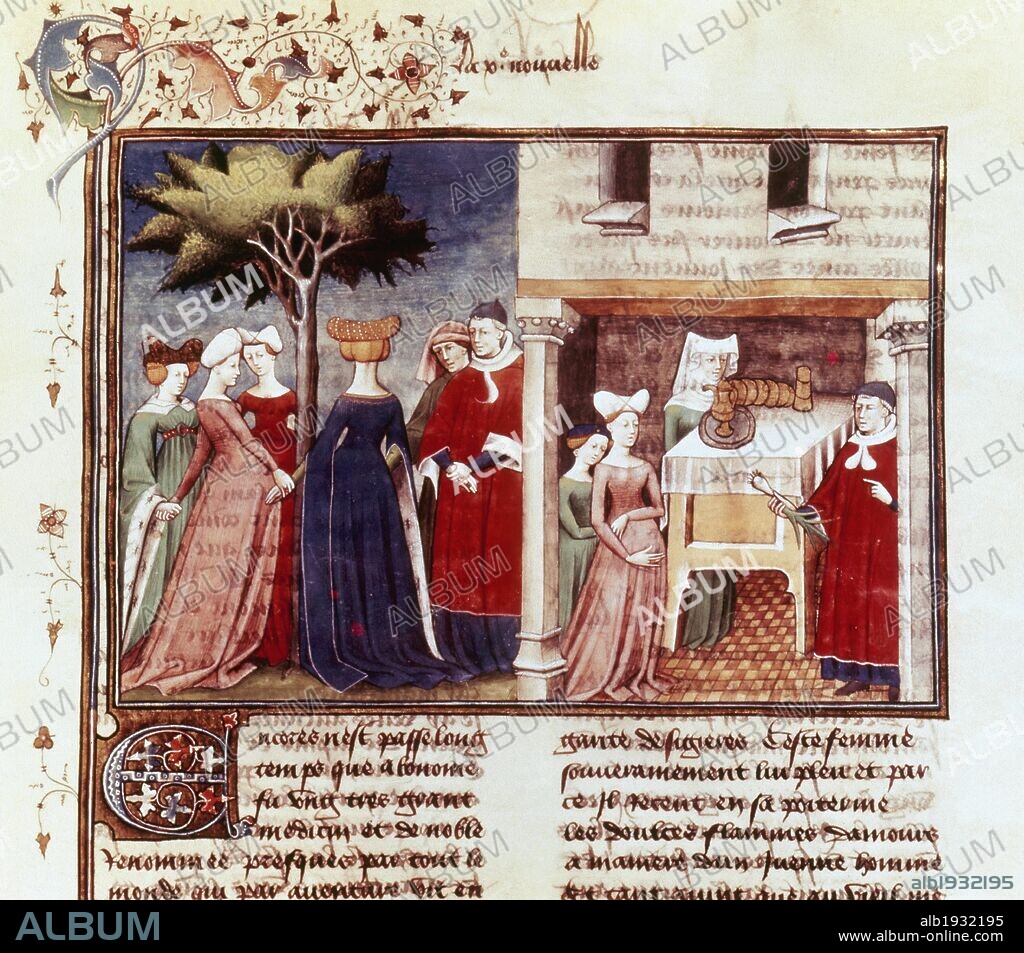 BOCCACCIO, Giovanni (Certaldo,1313-Certaldo,1375) Escritor italiano. "EL DECAMERON", publicado hacia el 1350-1353. Detalle de una página iluminada de un manuscrito francés del año 1435. Biblioteca Nacional. París. Francia.