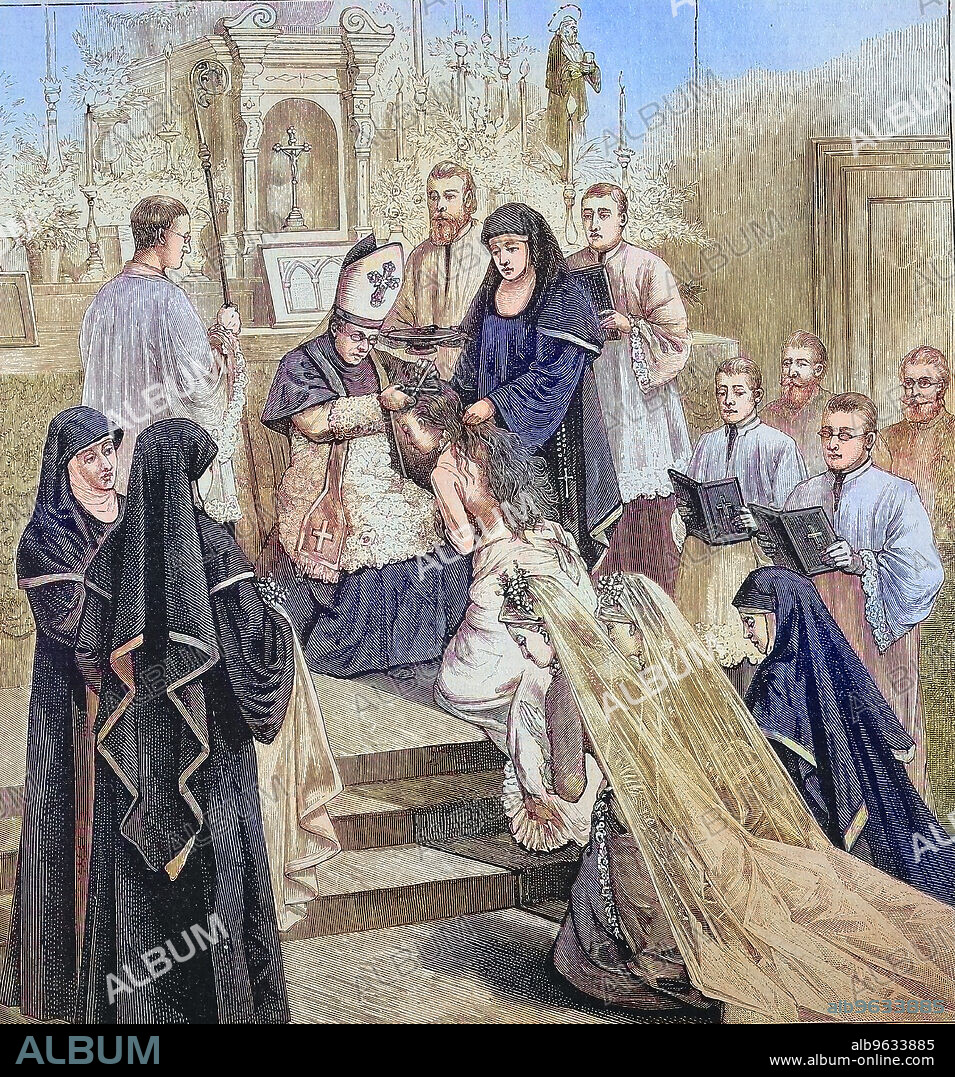 Clothing and hair cutting of the new nuns in the Benedictine order, 1880, Germany.