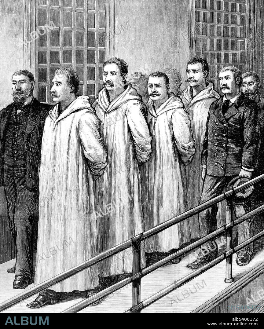 March of four Chicago anarchists to the scaffold before the moment of execution. The Haymarket affair was the aftermath of a bombing that took place on May 4, 1886, at Haymarket Square in Chicago. It began as a peaceful rally in support of workers striking for an 8 hour work day, the day after police killed 8 workers. An unknown person threw a dynamite bomb at the police. The blast and ensuing gunfire resulted in the deaths of 7 police officers and several civilians. In the internationally publicized legal proceedings, 8 anarchists were convicted of conspiracy. Seven were sentenced to death and 1 to a term of 15 years in prison. Governor Oglesby commuted 2 of the sentences to life in prison; another committed suicide in jail. The other 4 were hanged on November 11, 1887. In 1893, Governor Altgeld pardoned the remaining defendants and criticized the trial. Frank Leslie's illustrated newspaper, November 19, 1897. (cropped and cleaned).