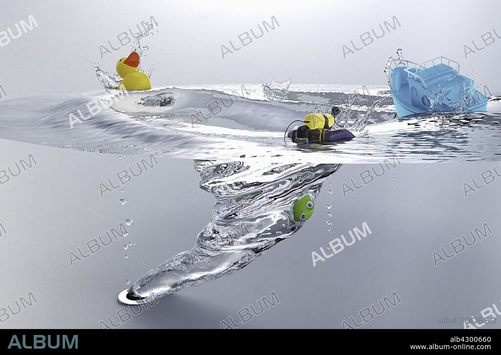 Bath toys and diver sinking in whirlpool of drain plughole.