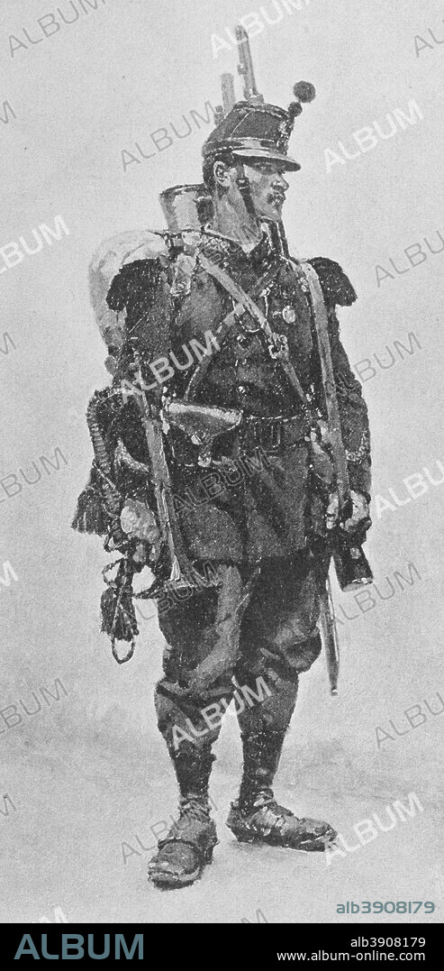 Guerra Franco-Prusiana (1870-1871). Corneta del ejército francés. Grabado. Original por Alphonse Marie de Neuville (1835-1885). En Campagne, por Jules Richard. Obra editada en París en 1885. Biblioteca Histórico Militar de Barcelona. Cataluña. España.