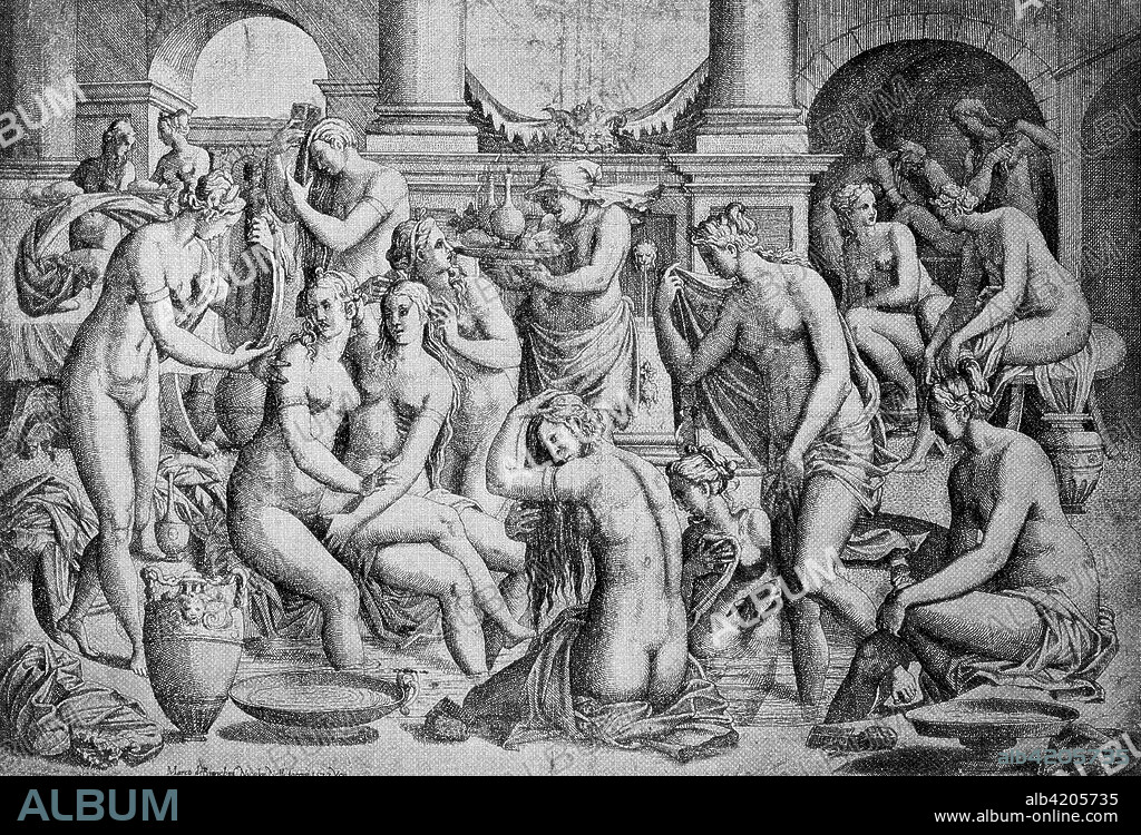 The women's bath, naked women in the bathing establishment, Italian copper engraving by Nicolas Nelli, 1572, publication from the year 1882.