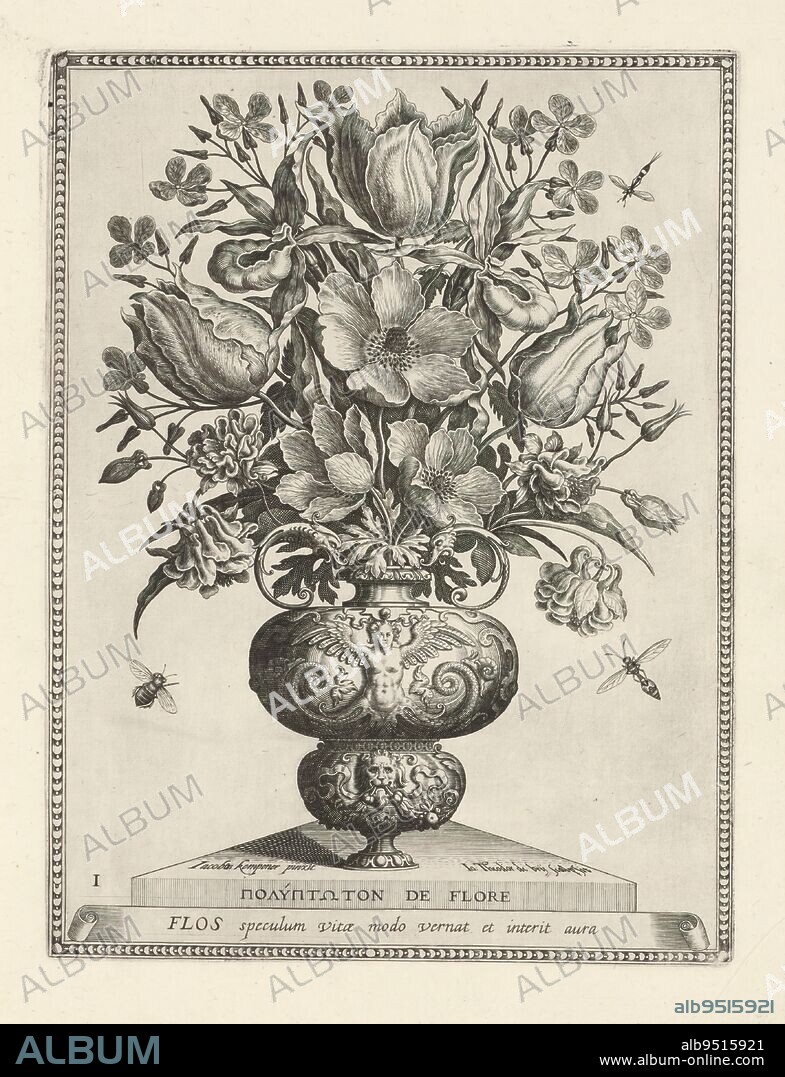 Polyptoton de Flore (The Variance of Flowers), Flower Vase with Bumblebee, Polyptoton de Flore (series title), Ornamental vase with flowers, standing on triangular pedestal. On the left a bumblebee, on the right above and below a bee., print maker: Johann Theodor de Bry, (mentioned on object), after painting by: Jacobus Kempener, (mentioned on object), Frankfurt am Main, c. 1600, paper, etching, engraving, height 302 mm × width 228 mm.