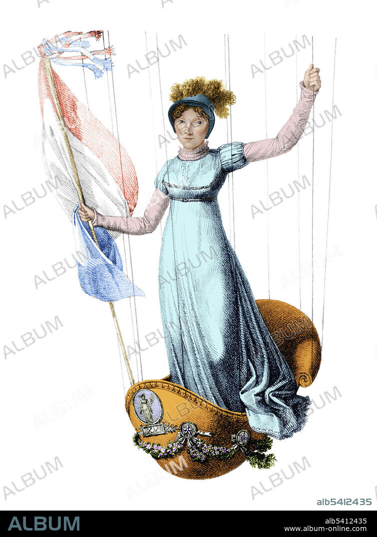 Sophie Blanchard, standing in the decorated basket of her balloon during her flight in Milan, Italy, in 1811. Sophie Blanchard (March 25, 1778 - July 6, 1819) was a French aeronaut and the wife of Jean-Pierre Blanchard. She was the first woman to work as a professional balloonist, and after her husband's death she continued ballooning, making more than 60 ascents. In 1819, she became the first woman to be killed in an aviation accident. Engraving by Luigi Rados, 1811.