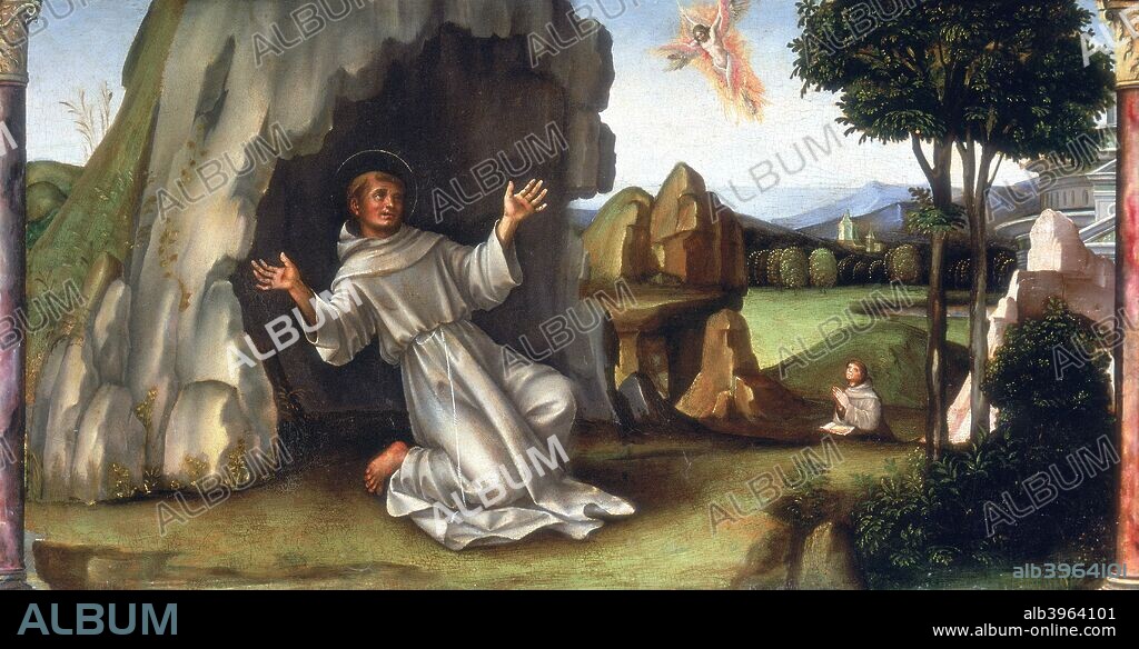 'St Francis Receiving the Stigmata', late 15th-early 16th century. It is said that St Francis received the stigmata, the marks of Christ's wounds, while in an ecstasy of prayer in 1224. Born Giovanni Bernadone, son of a rich Italian merchant, St Francis of Assisi (1181-1226) was the founder of the Franciscan order and the Poor Clares, a Franciscan order for women, both orders devoted to the poor and the sick. He was canonised in 1228. From a private collection.