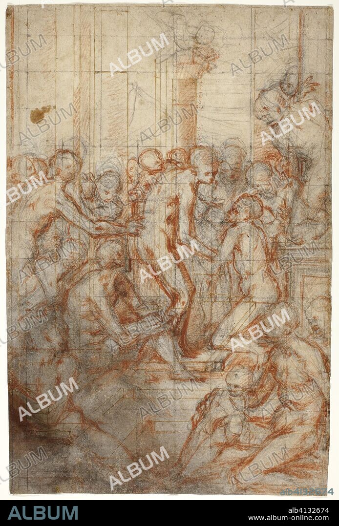 Study for the Purification of the Virgin. Giovanni Battista Naldini; Italian, 1537-1591. Date: 1575-1579. Dimensions: 409 x 272 mm (max.). Red and black chalk with stumping, and incising, over pen and brown ink, on ivory laid paper, squared in black chalk. Origin: Italy.