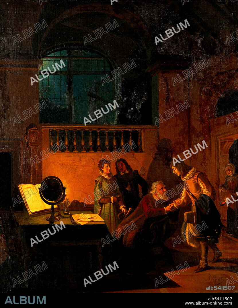 Galileo Galilei receiving John Milton. This meeting, between the English poet John Milton and Galileo Galilei (1564-1642), supposedly took place in 1638. Galileo was convicted as a heretic by the Roman Catholic Inquisition for his support of the Copernican theory in his book Dialogue Concerning the Two Chief World Systems (1632). He was placed under house arrest until the end of his life. Milton is known to have explored Italy and he later mentioned the imprisoned Galileo in his epic poem Paradise Lost. John Milton (December 9, 1608 - November 8, 1674) was an English poet, polemicist, and a civil servant for the Commonwealth of England under Oliver Cromwell. Writing in English, Latin, Greek, and Italian, he achieved international renown within his lifetime, and his celebrated Areopagitica (1644) - written in condemnation of pre-publication censorship - is among history's most influential and impassioned defenses of free speech and freedom of the press. Milton wrote at a time of religious flux and political upheaval, and is best known for his epic poem Paradise Lost (1667). His use of blank verse, in addition to his stylistic innovations (such as grandiloquence of voice and vision, peculiar diction and phraseology) influenced later poets. His poetry and prose reflect deep personal convictions, a passion for freedom and self-determination, and the urgent issues and political turbulence of his day. He cast a formidable shadow over English poetry in the 18th and 19th centuries. He died of kidney failure in 1674 at the age of 65. Oil painting by Annibale Gatti, undated.