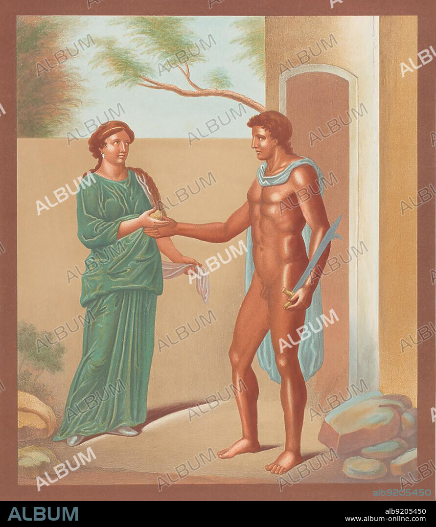 Theseus, ein Held der griechischen Mythologie, König von Athen und Ariadne, in der griechischen Mythologie die Tochter des kretischen Königs Minos und seiner Gattin Pasiphaë, Wandmalerei, Fresko aus dem historischen Pompeji, digital restauriert / Theseus, a hero of Greek mythology, king of Athens and Ariadne, in Greek mythology the daughter of the Cretan king Minos and his wife Pasiphaë, mural painting, fresco from historical Pompeii, digitally restored.
