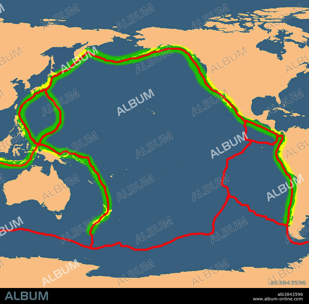 Map of the Pacific, showing the 'Ring of Fire,' which follows the contours of the tectonic plates (in red). The area of the most seismic activity occurs in a horseshoe shape (highlighted in greenish yellow). About 90% of the world's earthquakes and 81% of the world's largest earthquakes occur along the Ring of Fire, which is also home to over 75% of the world's active and dormant volcanoes. This intense seismic and volcanic activity is caused by the movement of tectonic plates in the Earth's crust under the ocean moving against those under the land.