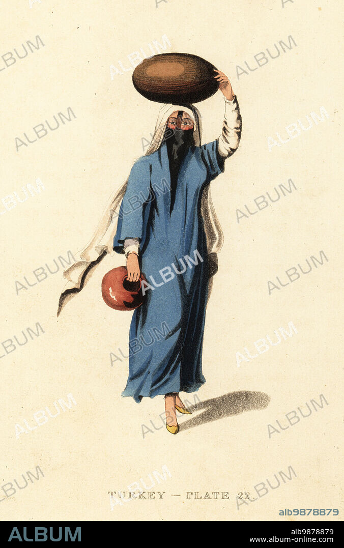 Costume of an Egyptian arab woman. She wears a black triangular linen veil covering the face (half niqab), white head scarf, long blue robe, and carries two bowls. Handcoloured copperplate engraving after Octavian Dalvimart from William Alexanders translation of Picturesque Representations of the Dress and Manners of the Turks, Thomas MLean, London, 1814.
