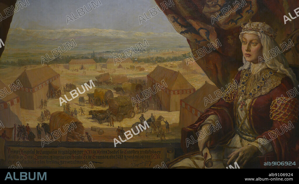 MARIANO YZQUIERDO Y VIVAS (1893-1985). SPANISH PAINTER.. La Reina Isabel la Católica visitando el Hospital de Campaña. Oleo sobre lienzo por Mariano Yzquierdo y Vivas (1893-1985), 1940. Primer hospital de campaña organizado por la Reina Isabel, instalado en el sitio de Toro (Zamora) y después en Santa Fe, de Granada, año 1481, en el cual asistió a los heridos personalmente. Museo del Ejército. Toledo. España.
