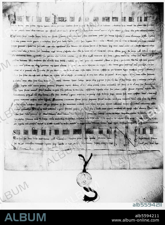 April 1226, "Goldene Bulle von Rimini". Kaiser Friedrich II. garantiert dem Deutschen Orden Besitz und Abgabenfreiheit des ihm von Herzog Konrad von Masowien angebotenen Kulmer Landes und der künftig zu erobernden Gebiete der heidnischen Prußen. Wien, Österreichische Nationalbibliothek.