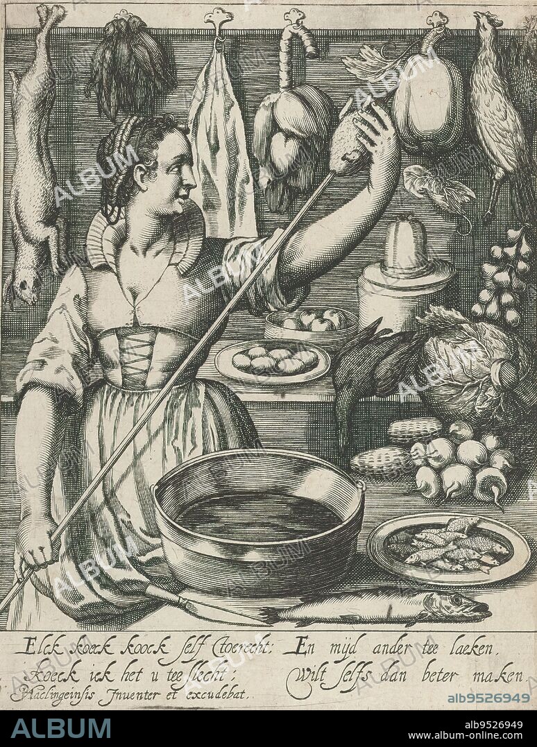 The kitchen maid, Kitchen maid in a kitchen in which game and fowl hang from hooks on the wall. She skewers a chicken on the grill. With four-line caption., print maker: Quirin Boel, (possibly), after design by: Pieter Feddes van Harlingen, (mentioned on object), publisher: Pieter Feddes van Harlingen, (mentioned on object), c. 1620, paper, engraving, height 185 mm × width 141 mm.